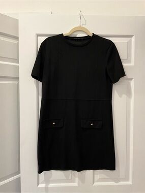 Zara Black Short-Sleeve Mini Shift Dress with Pocket Flaps